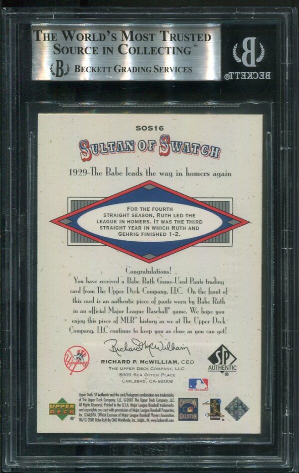 Babe Ruth's 2001 Upper Deck SP Authentic Sultan Of Swatch #SOS16 Game-Used Jersey Swatch with a BGS MINT 9 grade