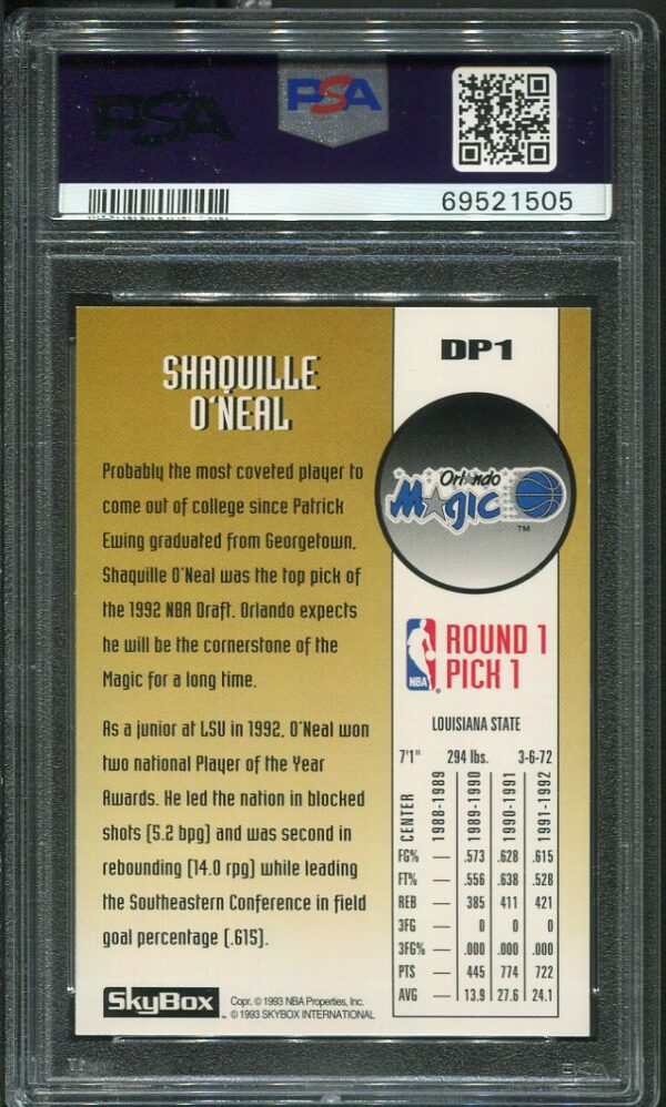 Authentic 1992 Skybox Draft Pick #DP1 Shaquille O'Neal PSA 9 Rookie Basketball Card