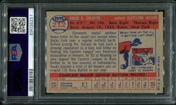 Authentic 1957 Topps #212 Rocky Colavito PSA 5 Baseball Card