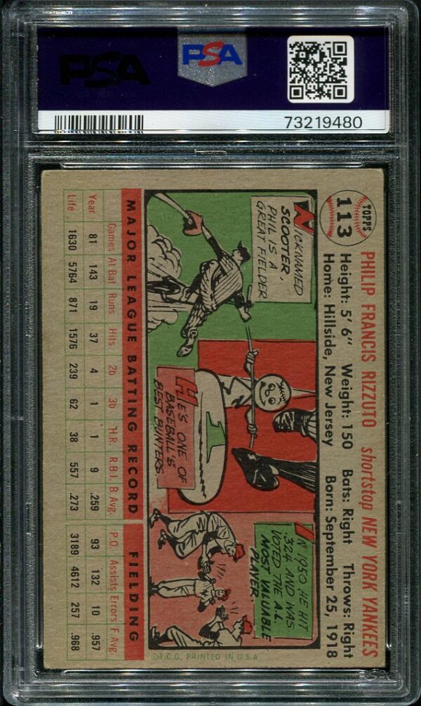 Authentic 1956 Topps #113 Phil Rizzuto Gray Back PSA 4 Baseball Card