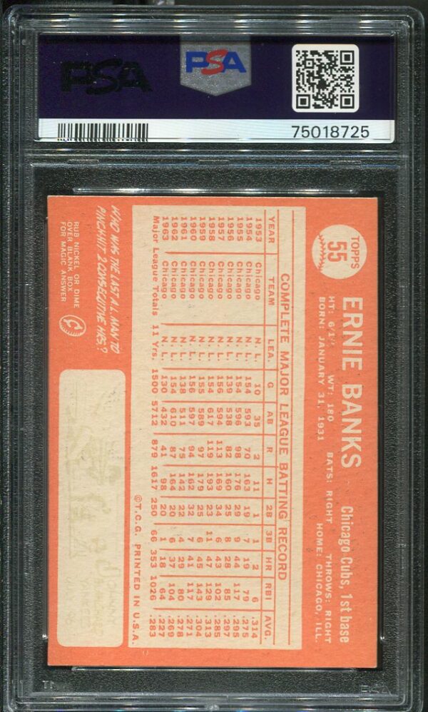 Authentic 1964 Topps #55 Ernie Banks PSA 6 Baseball Card