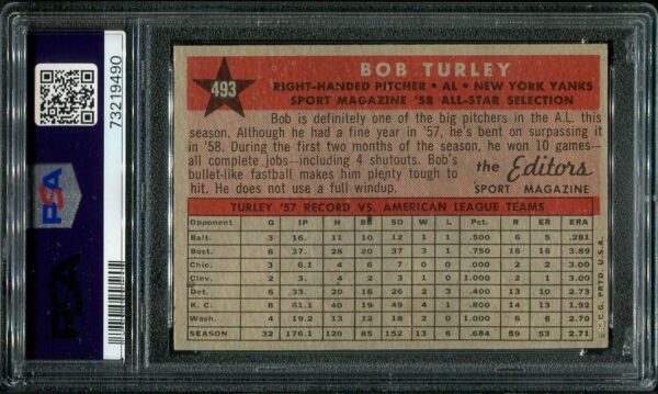 Authentic 1958 Topps #493 Bob Turley All Star PSA 5.5 Baseball Card