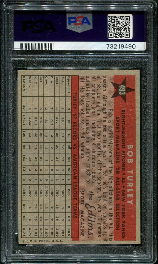 Authentic 1958 Topps #493 Bob Turley All Star PSA 5.5 Baseball Card