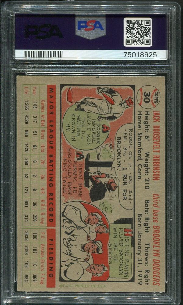 Authentic 1956 Topps #30 Jackie Robinson Gray Back PSA 4 Baseball Card