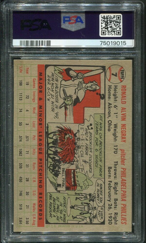 Authentic 1956 Topps #7 Ron Negray Gray Back PSA 5 Baseball Card