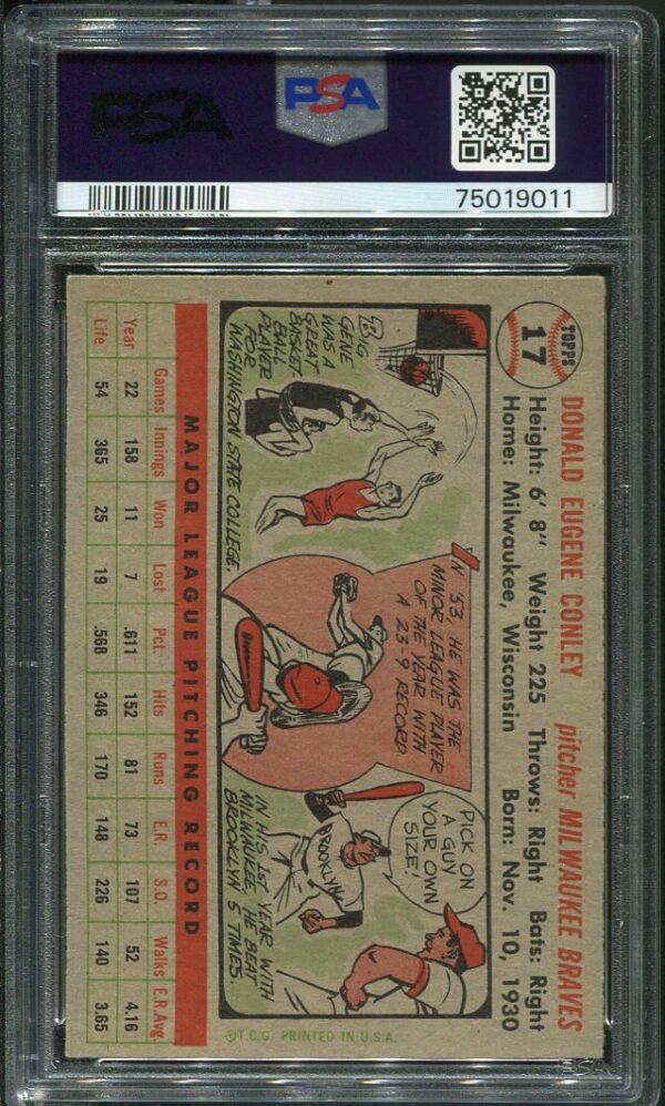 Authentic 1956 Topps #17 Gene Conley PSA 7 Baseball Card