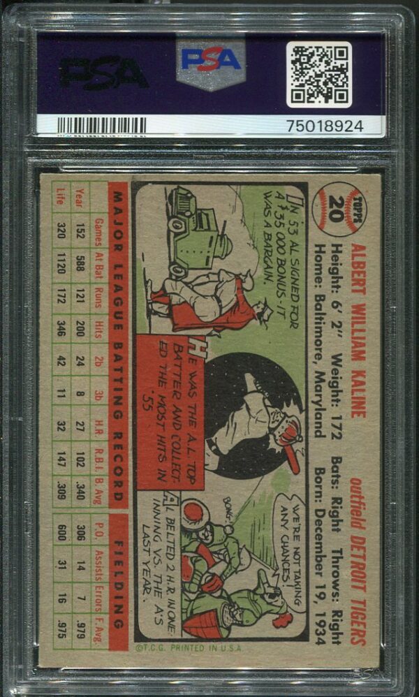 Authentic 1956 Topps #20 Al Kaline Gray Back PSA 6 Baseball Card