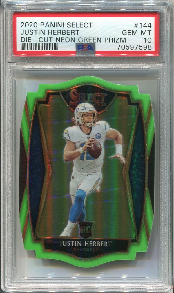 2020 Panini Select #144 Justin Herbert Die-Cut Neon Green Prizm GEM MINT PSA 10 Rookie Football Card