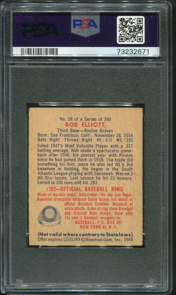 Authentic 1949 Bowman #58 Bob Elliott PSA 3 Baseball Card