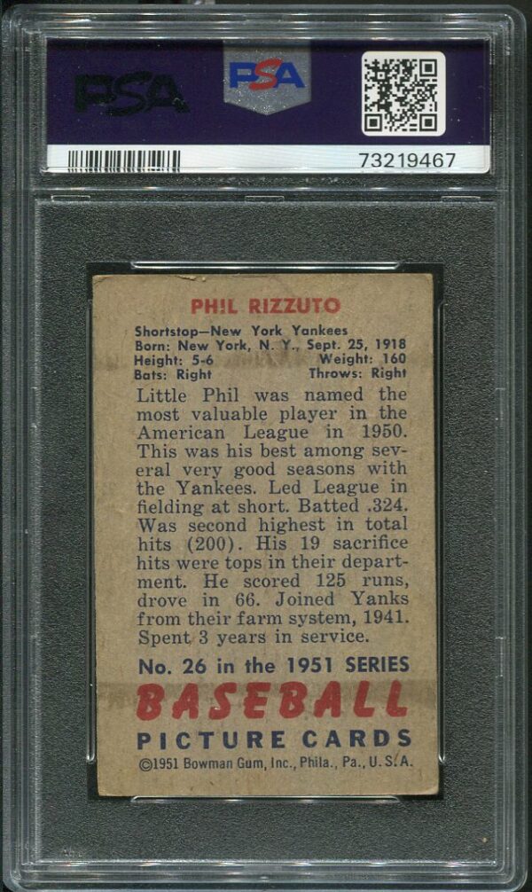 Authentic 1951 Bowman #26 Phil Rizzuto PSA 1.5 Baseball Card