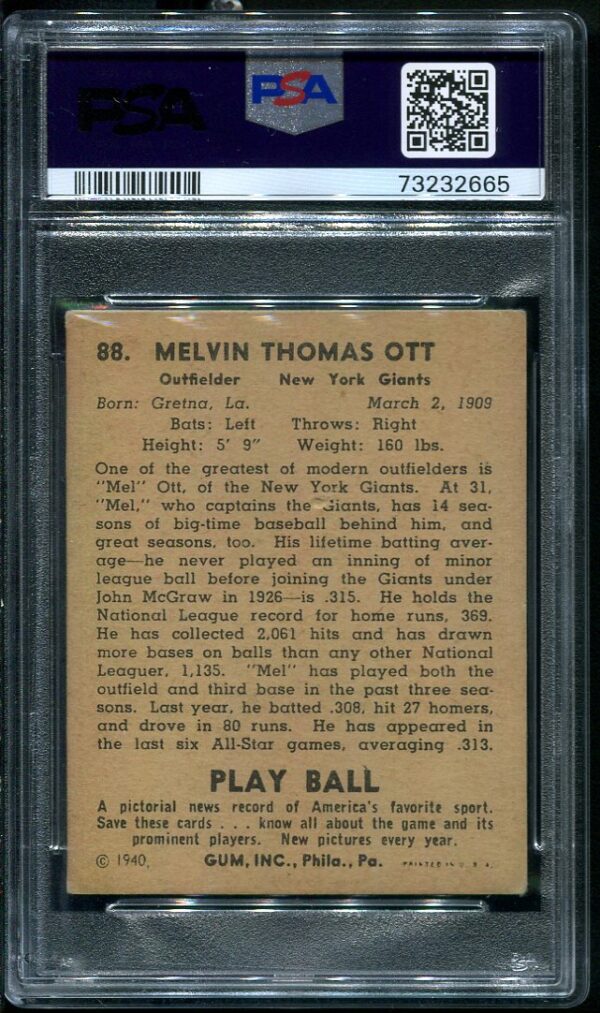 Authentic 1940 Play Ball #88 PSA 3 Vintage Baseball Card