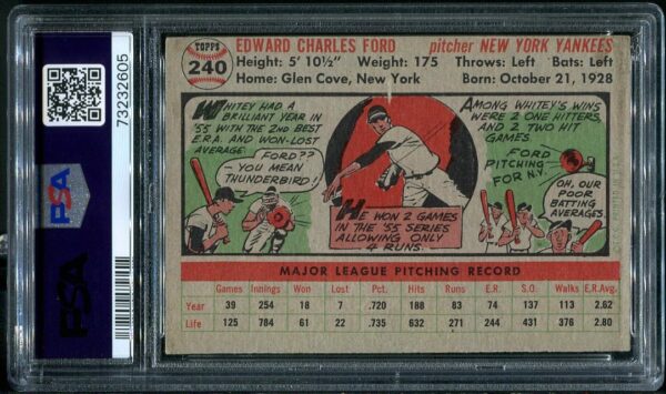 Authentic 1956 Topps #240 Whitey Ford PSA 4 Baseball Card