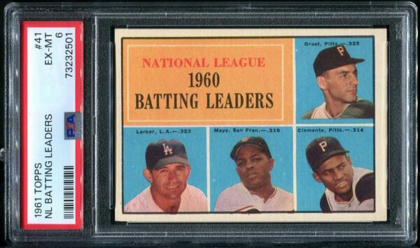 1961 Topps #41 NL Batting Leaders Willie Mays & Roberto Clemente PSA 6 Baseball Card