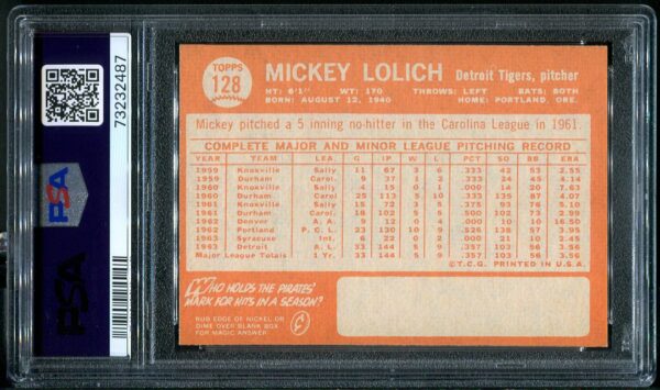 Authentic 1961 Topps #128 Mickey Lolich Rookie PSA 6 Baseball Card