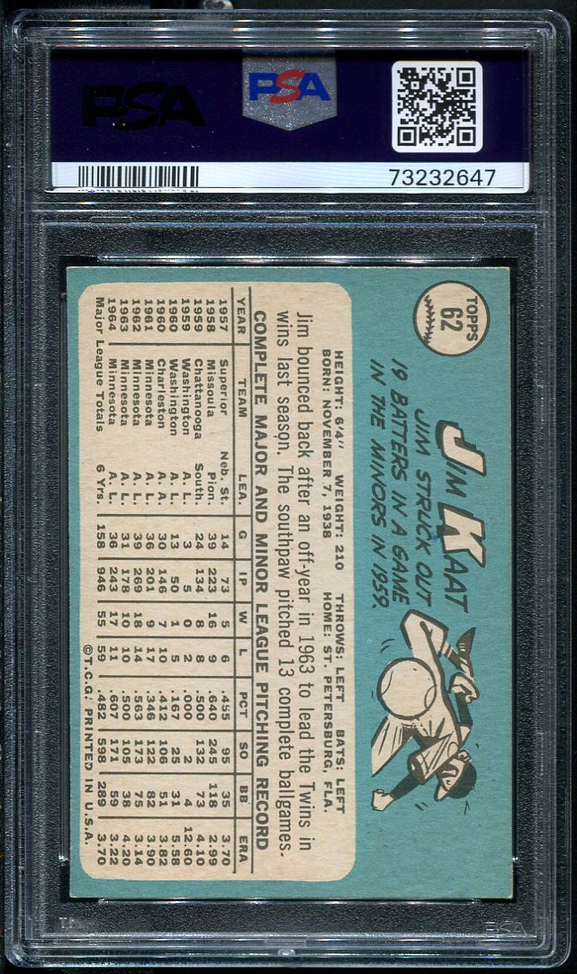 1965 Topps #62 Jim Kaat Psa 7 Hof (73232647) - All Star Cards Inc