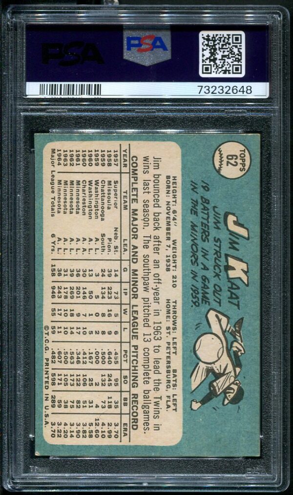 Authentic 1965 Topps #62 Jim Kaat "Katt On Card" PSA 6 Baseball Card