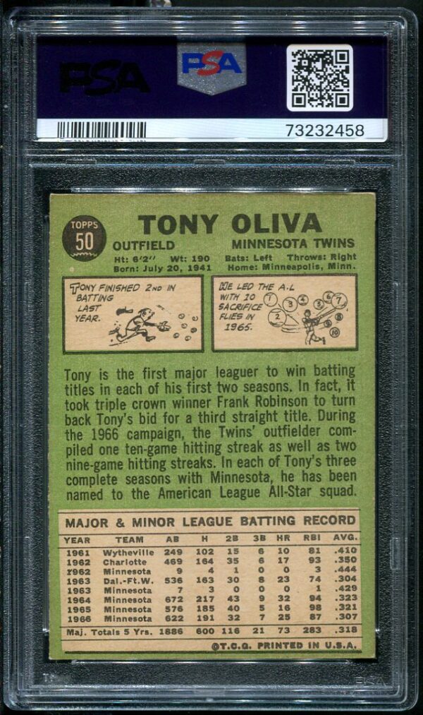 Authentic 1967 Topps #50 Tony Oliva PSA 5 Baseball Card