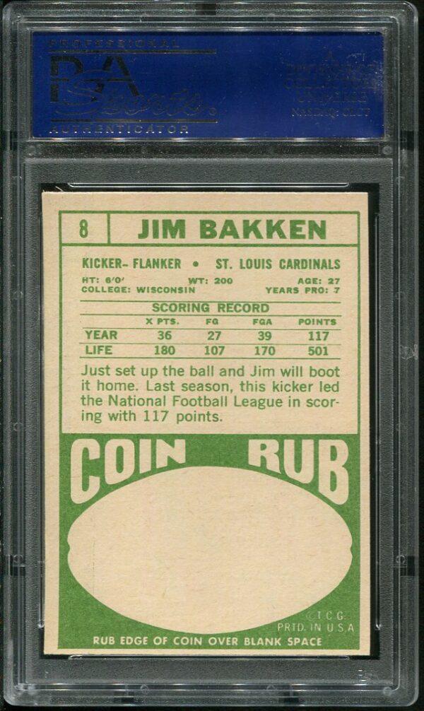 Authentic 1968 Topps #8 Jim Bakken PSA 8 Football Card