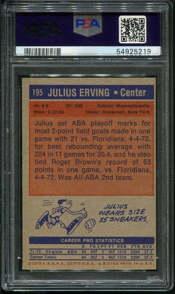 Authentic 1972 Topps #195 Julius Erving PSA 6 Rookie Basketball Card