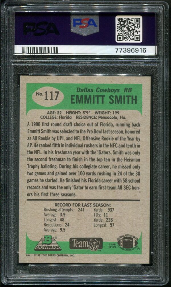 Authentic 1991 Bowman #117 Emmitt Smith PSA 9 Football Card