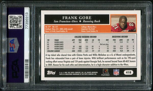 Authentic 2005 Topps #418 Frank Gore Rookie PSA 9 Football Card