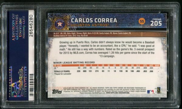 Authentic 2015 Topps Chrome #205 Carlos Correa GEM MINT PSA 10 Baseball card