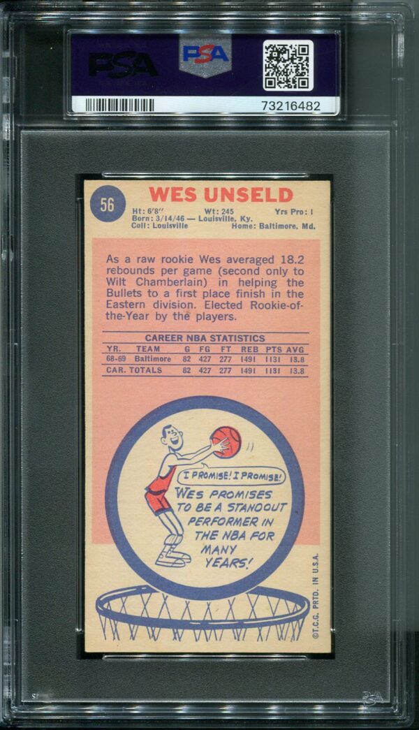 Authentic 1969 Topps #56 Wes Unseld PSA 5 Rookie Basketball Card