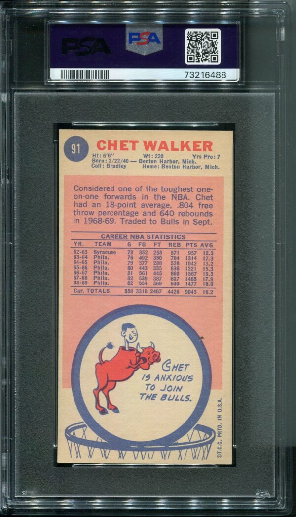 Authentic 1969 Topps #91 Chet Walker PSA 6 Rookie Basketball Card