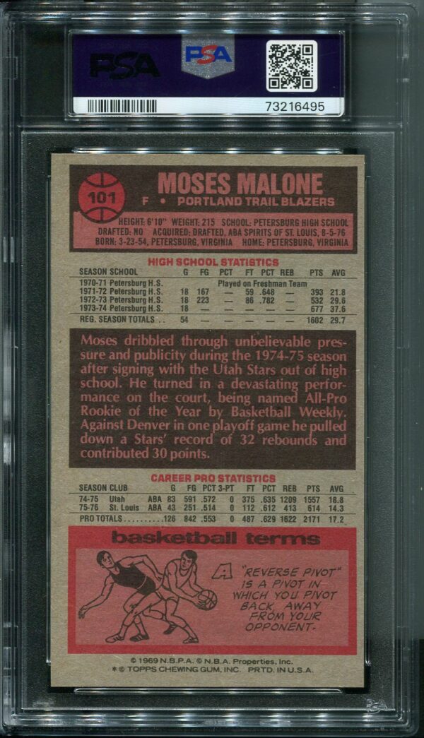 Authentic 1976 Topps #101 Moses Malone PSA 9 Basketball Card