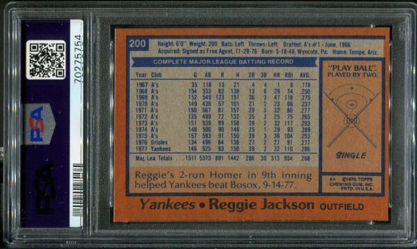 Authentic 1978 Topps #200 Reggie Jackson PSA 7 Baseball Card