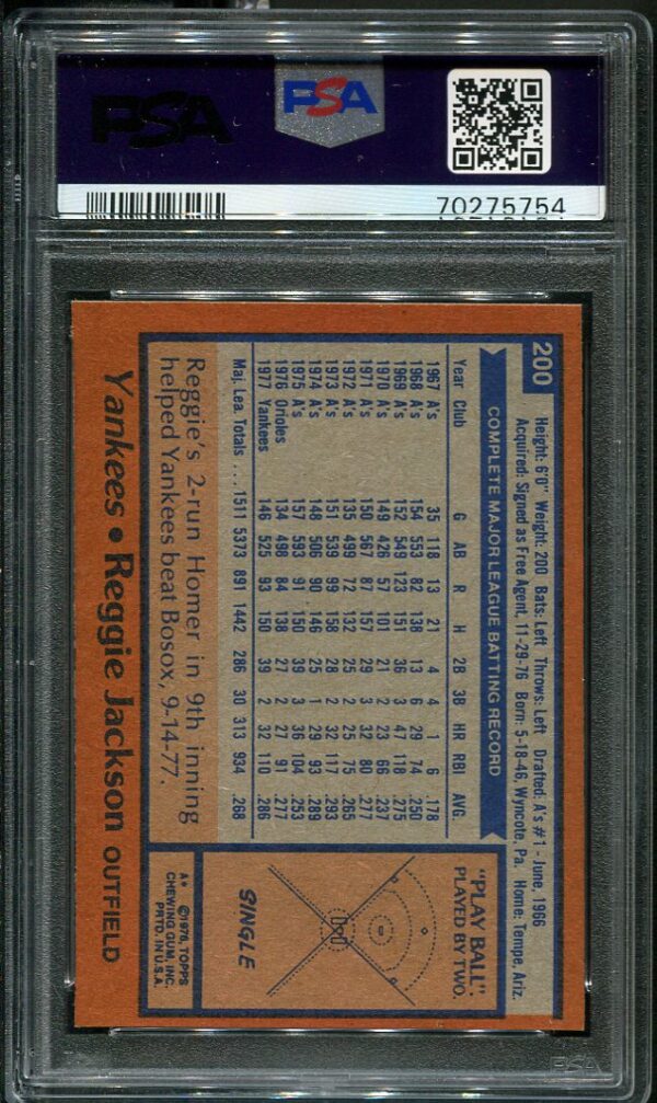 Authentic 1978 Topps #200 Reggie Jackson PSA 7 Baseball Card