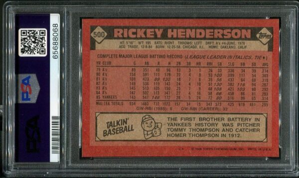 Authentic 1986 Topps #500 Rickey Henderson PSA 9 Baseball Card