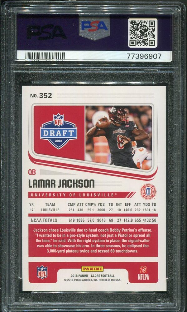 Authentic 2018 Panini Score #352 Lamar Jackson PSA 9 Rookie Football Card