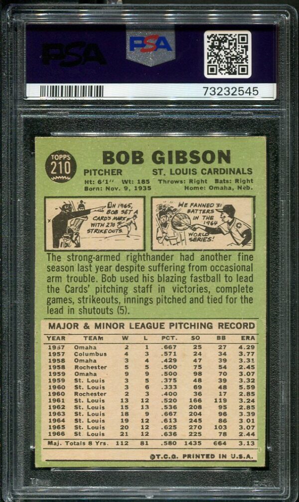 Authentic 1967 Topps #210 Bob Gibson PSA 5 Baseball Card