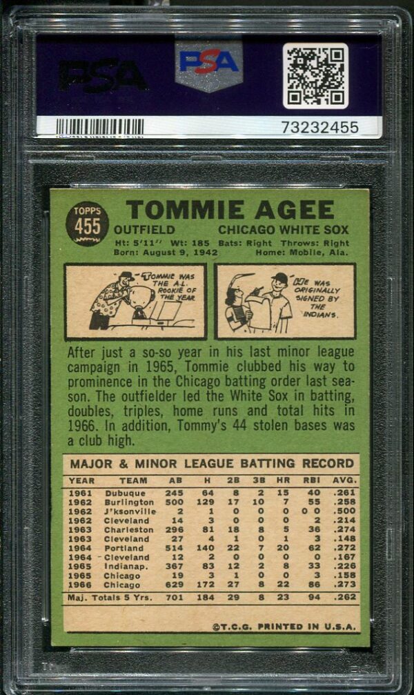 Authentic 1967 Topps #455 Tommie Agee PSA 6 Baseball Card