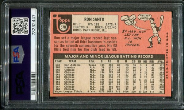 Authentic 1969 Topps #570 Ron Santo PSA 8 Baseball Card