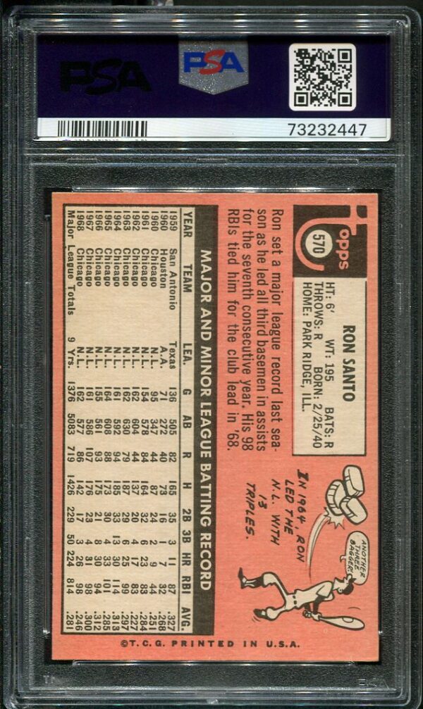 Authentic 1969 Topps #570 Ron Santo PSA 8 Baseball Card