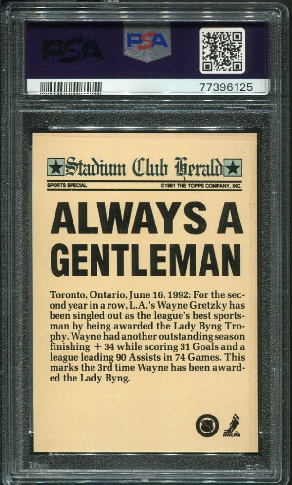 Authentic 1991 Stadium Club Wayne Gretzky Members Only "Always A Gentleman" PSA 9 Hockey Card