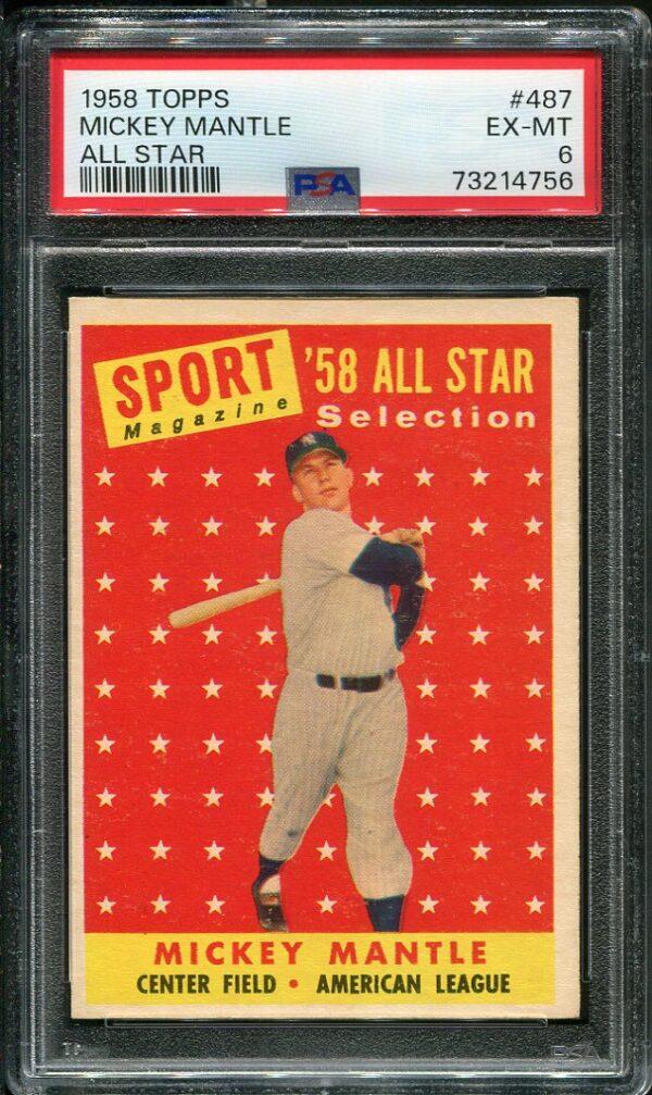 Authentic 1958 Topps #487 Mickey Mantle All Star PSA 6 Baseball Card