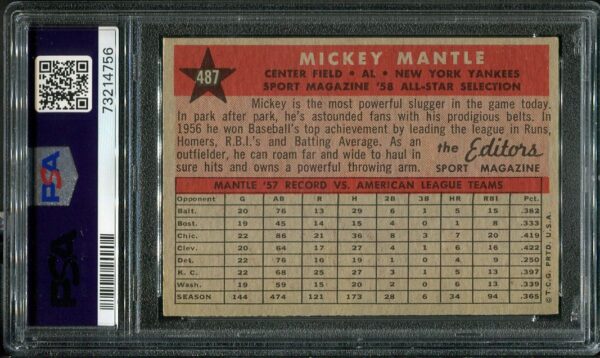 Authentic 1958 Topps #487 Mickey Mantle All Star PSA 6 Baseball Card