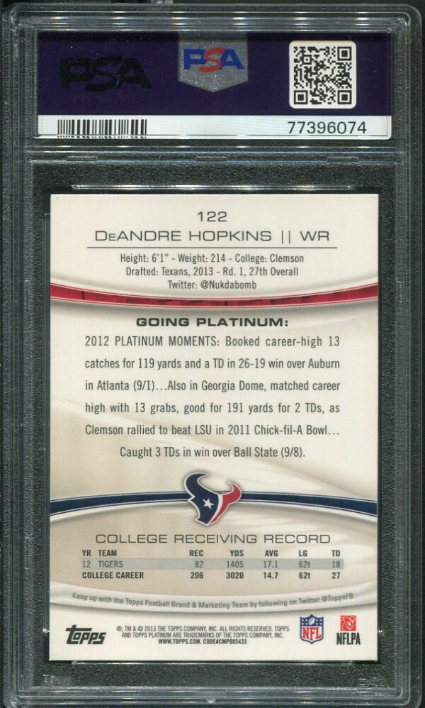 Authentic 2013 Topps Platinum #122 DeAndre Hopkins PSA 9 Rookie Card