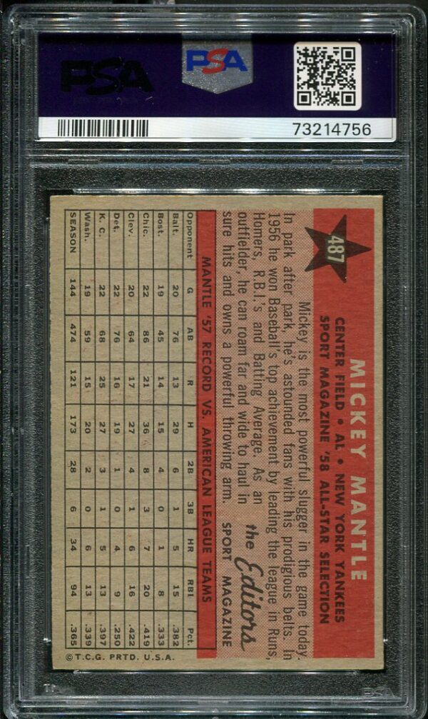 1958 Topps #487 Mickey Mantle All Star PSA 6 HOF (73214756) - All Star ...