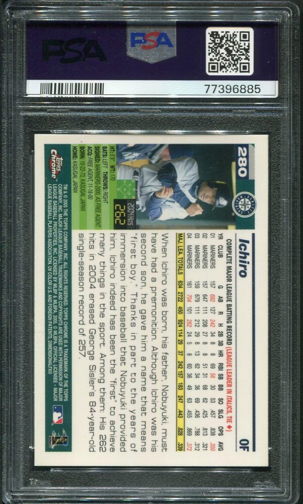 Authentic 2005 Topps Chrome #280 Ichiro Suzuki PSA 9 Baseball Card