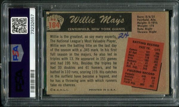 Authentic 1955 Bowman #184 Willie Mays PSA 1(MK) Baseball Card