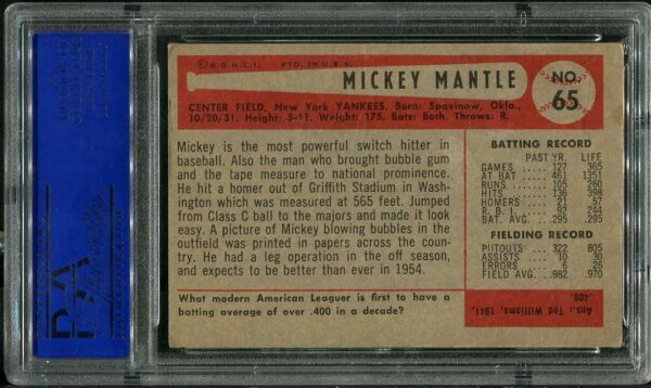 Authentic 1954 Bowman #65 Mickey Mantle PSA 4 Baseball Card