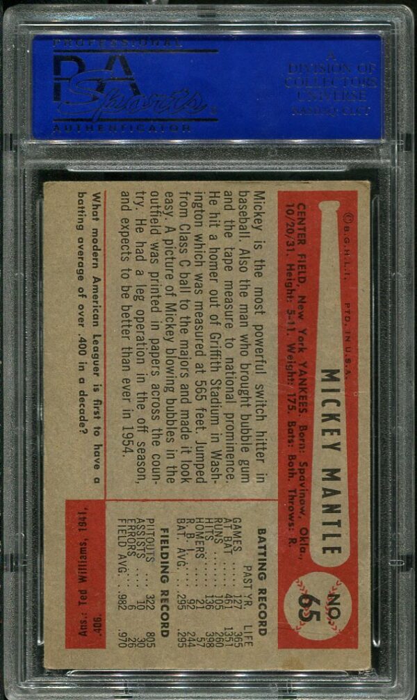 Authentic 1954 Bowman #65 Mickey Mantle PSA 4 Baseball Card