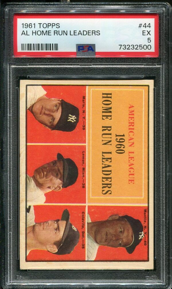 Authentic 1961 Topps #44 AL Home Run Leaders Roger Maris, Bob Lemon, Mickey Mantle, Rocky Colavito - EX PSA 5 Grade