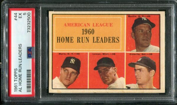 Authentic 1961 Topps #44 AL Home Run Leaders Roger Maris, Bob Lemon, Mickey Mantle, Rocky Colavito - EX PSA 5 Grade