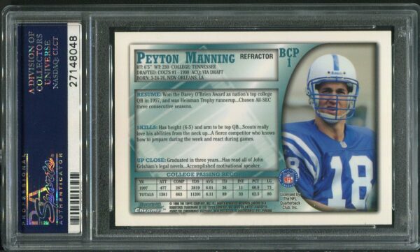 Authentic 1998 Bowman Chrome #BCP1 Peyton Manning Preview Refractor PSA 10 Rookie Football Card