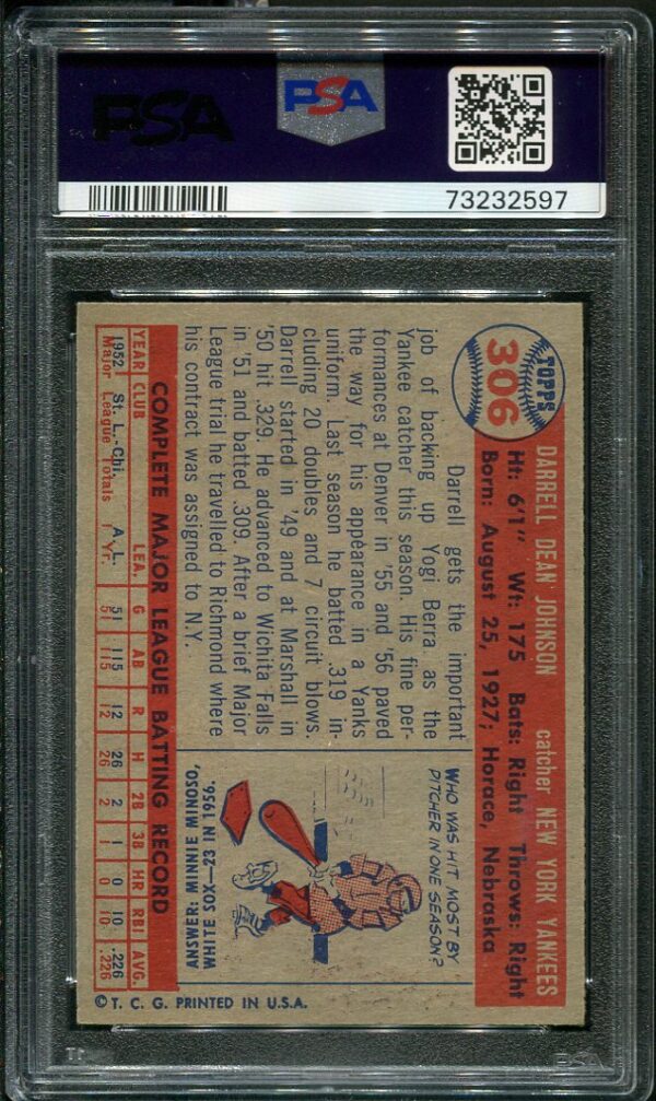 Authentic 1957 Topps #306 Darrell Johnson PSA 7 Baseball Card